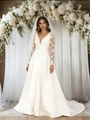 White Satin Long Sleeve Appliques Wedding Dress