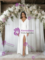 White Long Sleeve V-neck Pleats Wedding Dress