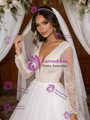 White Tulle V-neck Long Sleeve Wedding Dress
