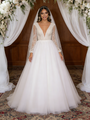 White Tulle V-neck Long Sleeve Wedding Dress