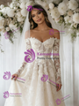 Beige White Lace Long Sleeve Wedding Dress