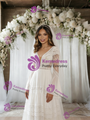 White V-neck Long Sleeve Lace Wedding Dress
