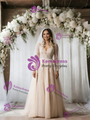 Champagne Tulle Lace V-neck Long Sleeve Wedding Dress