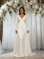 Beige White Long Sleeve V-neck Pleats Wedding Dress