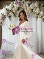 Beige White Long Sleeve V-neck Pleats Wedding Dress
