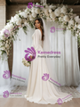 Beige White Long Sleeve V-neck Pleats Wedding Dress