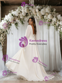 Beige White Long Sleeve V-neck Pleats Wedding Dress