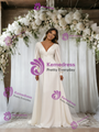 Beige White Long Sleeve V-neck Pleats Wedding Dress