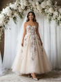 Champagne Tulle Strapless Appliques Wedding Dress