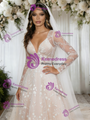 Champagne Tulle Lace Long Sleeve Wedding Dress