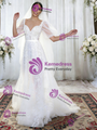 White Tulle Puff Sleeve Appliques Wedding Dressu