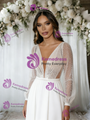 White Long Sleeve V-neck Backless Wedding Dress