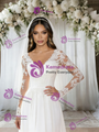 White Chiffon Long Sleeve V-neck Appliques Wedding Dress