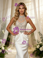 Beige White Mermaid Satin Halter Beading Wedidng Dress