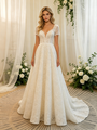 Beige White Lace Short Sleeve Wedding Dress