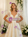 Beige White Lace Short Sleeve Wedding Dress