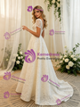 Beige White Lace Short Sleeve Wedding Dress
