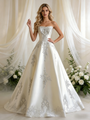 Beige White Satin Strapless Beading Wedding Dress