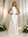 Beige White Mermaid High Neck Flower Wedding Dress
