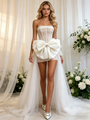 White Tulle Lace Strapless Bow Wedding Dress