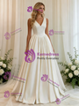 A-Line White Satin V-neck Wedding Dress
