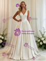 A-Line White Satin V-neck Wedding Dress
