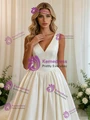 A-Line White Satin V-neck Wedding Dress
