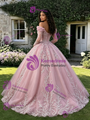 Pink Tulle Off the Shoulder Long Sleeve Quinceanera Dress