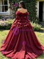 Burgundy Tulle Long Sleeve 3D Flower Quinceanera Dress