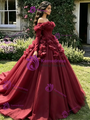 Burgundy Tulle Long Sleeve 3D Flower Quinceanera Dress