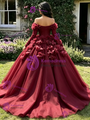 Burgundy Tulle Long Sleeve 3D Flower Quinceanera Dress