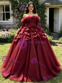Burgundy Tulle Long Sleeve 3D Flower Quinceanera Dress