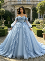 Blue Tulle Long Sleeve 3D Appliques Quinceanera Dress