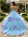 Blue Tulle Straps Lace Appliques Quinceanera Dress