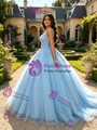 Blue Tulle Straps Lace Appliques Quinceanera Dress