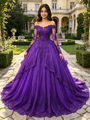 Purple Tulle Off the Shoulder Lace Appliques Quinceanera Dress
