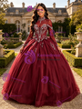 Burgundy Long Sleeve High Neck Beading Quinceanera Dress