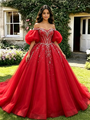 Red Tulle Puff Sleeve Appliques Quinceanera Dress