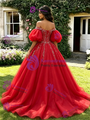 Red Tulle Puff Sleeve Appliques Quinceanera Dress