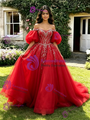 Red Tulle Puff Sleeve Appliques Quinceanera Dress