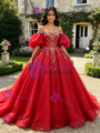 Red Tulle Puff Sleeve Appliques Quinceanera Dress