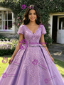 Purple Tulle V-neck Appliques Quinceanera Dress