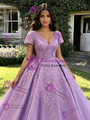Purple Tulle V-neck Appliques Quinceanera Dress