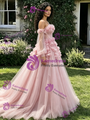 Pink Tulle Long Sleeve One Shoulder 3D Flower Quinceanera Dress