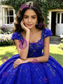 Blue Seuqins Cap Sleeve Quinceanera Dress