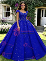 Blue Seuqins Cap Sleeve Quinceanera Dress