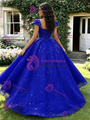 Blue Seuqins Cap Sleeve Quinceanera Dress