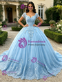 Blue Tulle V-neck Appliques Quinceanera Dress