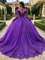 Purple Tulle Long Sleeve Appliques Quinceanera Dress