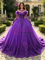 Purple Tulle Long Sleeve Appliques Quinceanera Dress